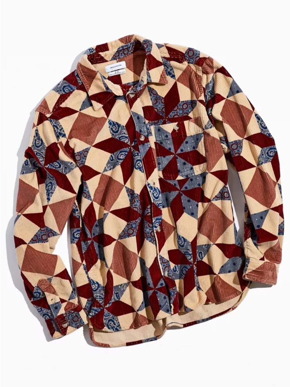Urban Outfitters Geometric Patchwork Corduroy Shirt in Beige, Burgundy & Blue